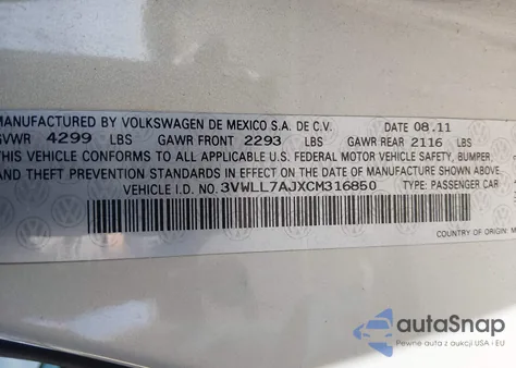 2012 Volkswagen Jetta 2.0L Tdi z USA, uszkodzony, nr VIN 3VWLL7AJXCM316850